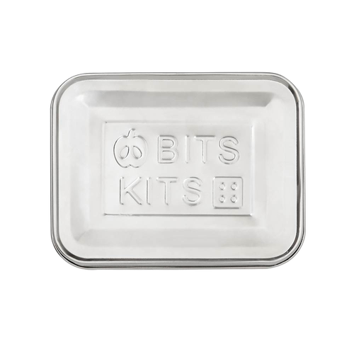 Rectangular stainless steel snack container lid embossed with Bits Kits logo, designed for durable kitchen storage, featured in Kitchen & Food, Storage and Serving, Best Sellers, and Promo Eligible collections.
