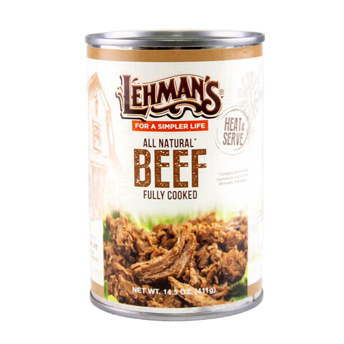 Handcrafted canned beef labeled fully cooked and all natural, featuring shredded meat on a simple, rustic can design, ideal for Farm, Garden & Tool, Kitchen & Food, Emergency Supplies, Food, Meats, Best Sellers, and Promo Eligible collections.