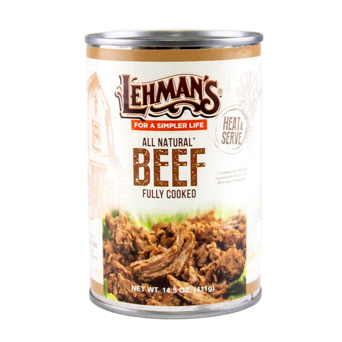 Handcrafted canned beef labeled fully cooked and all natural, featuring shredded meat on a simple, rustic can design, ideal for Farm, Garden & Tool, Kitchen & Food, Emergency Supplies, Food, Meats, Best Sellers, and Promo Eligible collections.