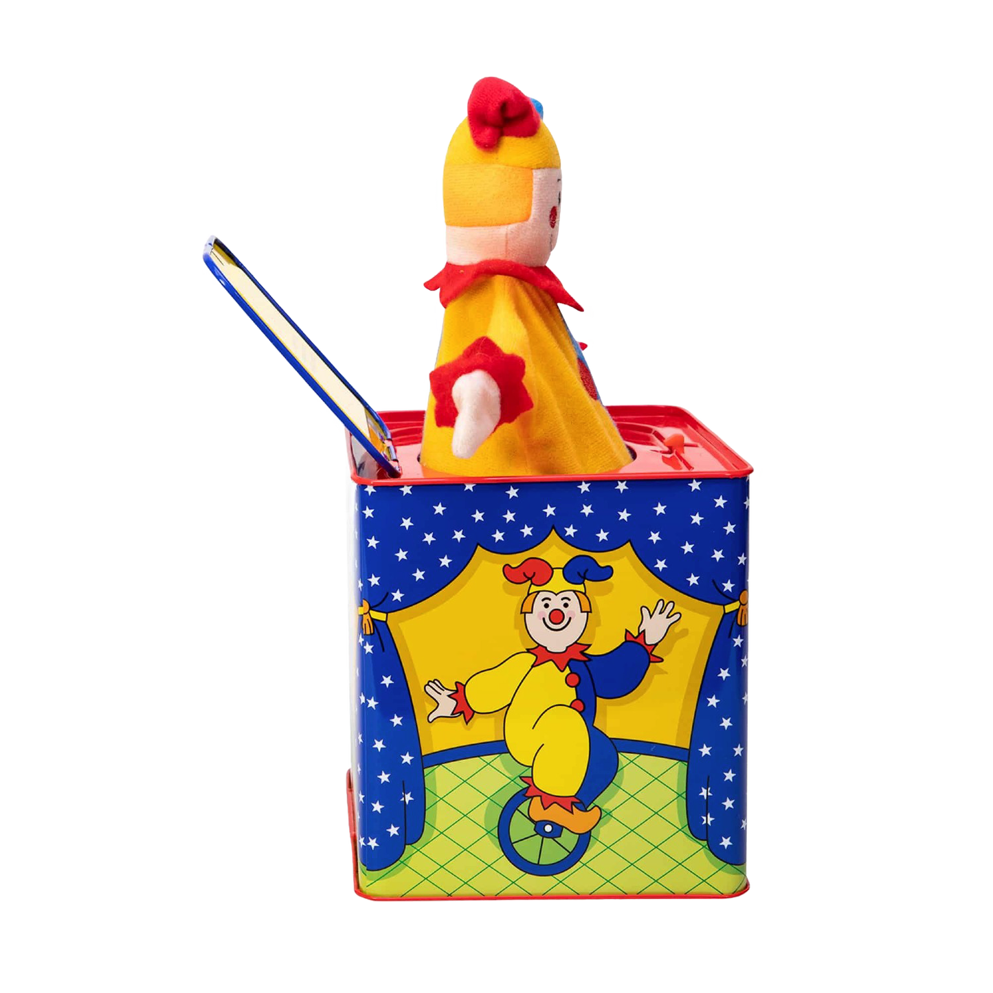 Brightly painted hand-cranked tin musical box featuring a colorful clown popping out, handcrafted for Toys, Books & Games, Children's Toys, Indoor Play, and Best Sellers collections.