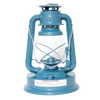 Handcrafted blue metal lantern with clear glass globe and protective wire frame, designed for steady bright light in farm, garden, camping, emergency supplies, and outdoor use.