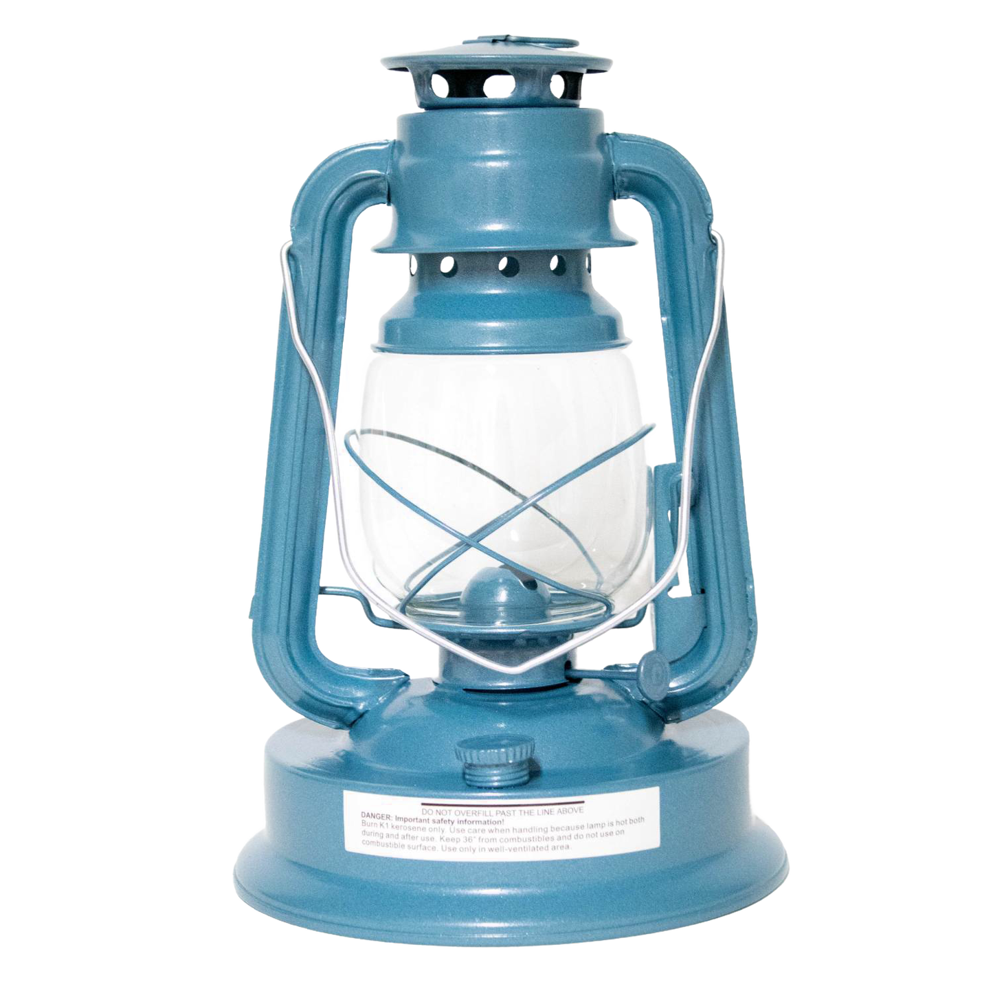 Handcrafted blue metal lantern with clear glass globe and protective wire frame, designed for steady bright light in farm, garden, camping, emergency supplies, and outdoor use.