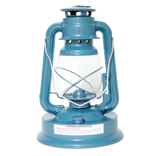 Handcrafted blue metal lantern with clear glass globe and protective wire frame, designed for steady bright light in farm, garden, camping, emergency supplies, and outdoor use.