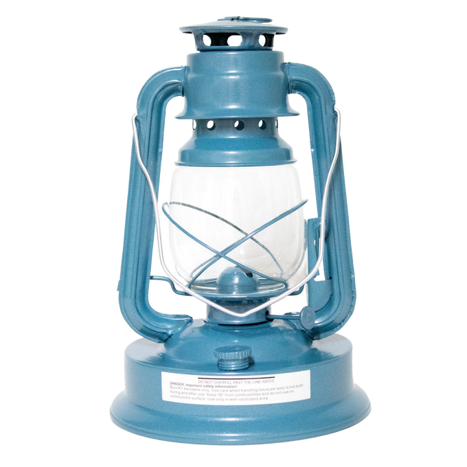 Handcrafted blue metal lantern with clear glass globe and protective wire frame, designed for steady bright light in farm, garden, camping, emergency supplies, and outdoor use.