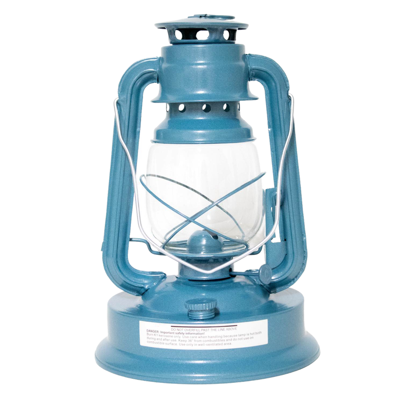Handcrafted blue metal lantern with clear glass globe and protective wire frame, designed for steady bright light in farm, garden, camping, emergency supplies, and outdoor use.