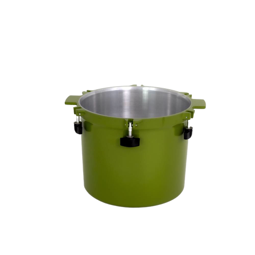 Vibrant green heavy-duty pressure canner pot with sturdy side handles and secure locking clamps, handcrafted in USA for Kitchen & Food, Food Preservation, Canning, and Best Sellers collections.