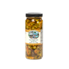 Tall glass jar of handcrafted hot pepper mix with visible sliced peppers and vegetables, made in USA, ideal for Kitchen & Food, Pantry, and Best Sellers collections at Lehman’s.