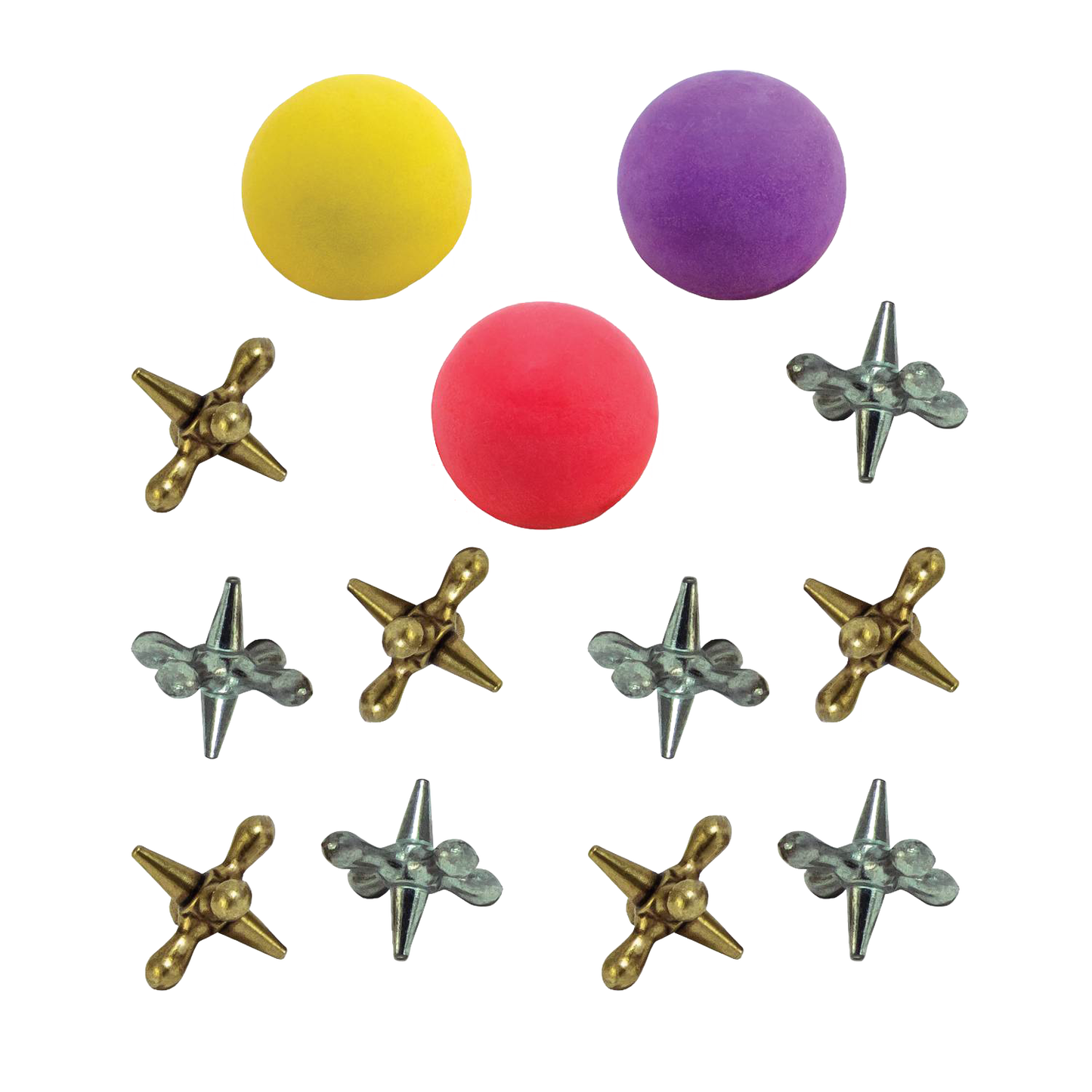 Set of metal jacks in silver and brass tones alongside three colorful rubber balls in yellow, red, and purple, handcrafted and made in USA, ideal for Toys, Books & Games collections.