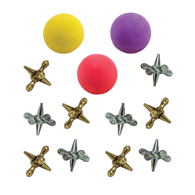 Set of metal jacks in silver and brass tones alongside three colorful rubber balls in yellow, red, and purple, handcrafted and made in USA, ideal for Toys, Books & Games collections.