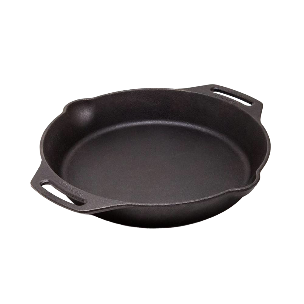 Heavy-duty cast iron skillet featuring two side handles and pour spouts, designed for versatile cooking over open fire or kitchen use, ideal for Farm, Garden & Tool and Camping collections.