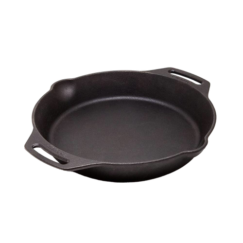 Heavy-duty cast iron skillet featuring two side handles and pour spouts, designed for versatile cooking over open fire or kitchen use, ideal for Farm, Garden & Tool and Camping collections.