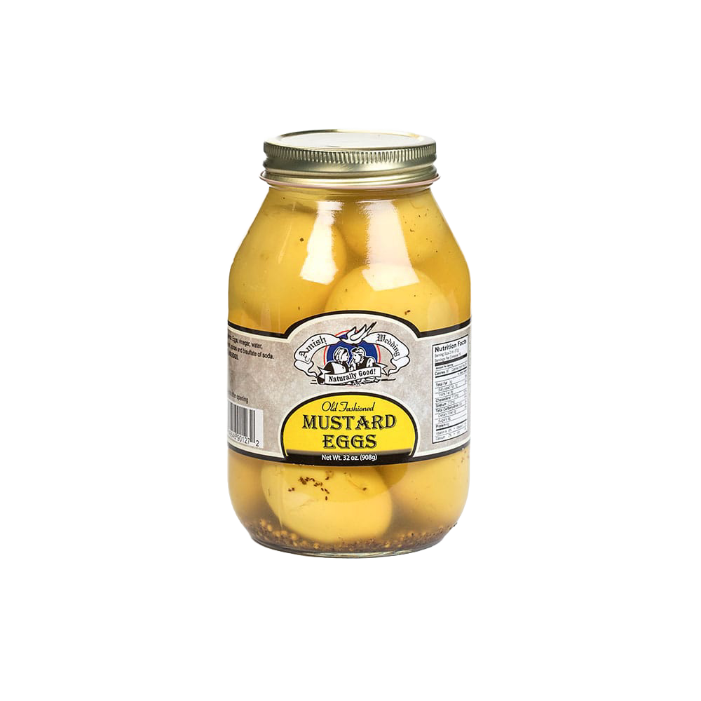 Glass jar of mustard marinated eggs with vintage label and silver lid, part of Kitchen & Food, Food, Pantry, USA Made, Best Sellers, and Promo Eligible collections.