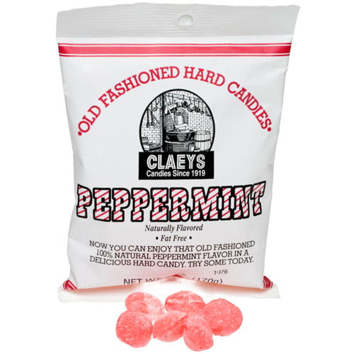 White bag of handcrafted peppermint flavored old-fashioned hard candies, naturally flavored and fat free, made in USA, perfect for Kitchen & Food, Food, Snacks and Sweets, USA Made, Best Sellers, and Promo Eligible collections.