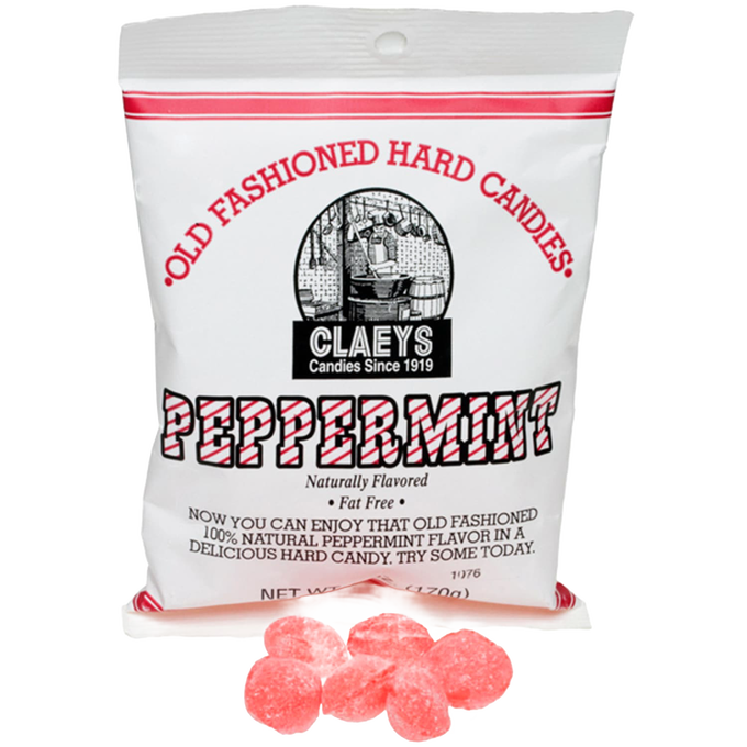 White bag of handcrafted peppermint flavored old-fashioned hard candies, naturally flavored and fat free, made in USA, perfect for Kitchen & Food, Food, Snacks and Sweets, USA Made, Best Sellers, and Promo Eligible collections.