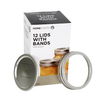 Box containing 12 wide-mouth jar lids and metal bands with BPA-free sealing compound, displayed alongside lids and bands for food preservation and kitchen canning collections.