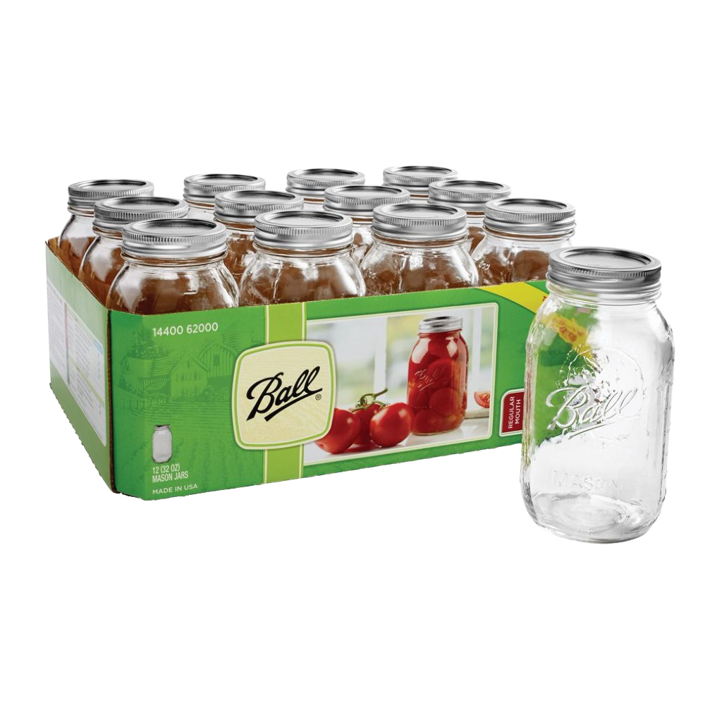 Case of twelve clear glass regular-mouth canning jars with metal lids, featuring embossed logo and packaging depicting preserved tomatoes, ideal for Kitchen & Food, Food Preservation, Canning, USA Made, Best Sellers, and Promo Eligible collections.