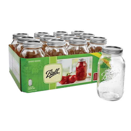 Case of twelve clear glass regular-mouth canning jars with metal lids, featuring embossed logo and packaging depicting preserved tomatoes, ideal for Kitchen & Food, Food Preservation, Canning, USA Made, Best Sellers, and Promo Eligible collections.