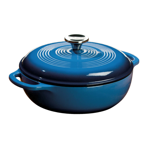 Handcrafted blue enameled cast iron 3-quart dutch oven with a glossy finish and metal knob, ideal for broiling, braising, baking, or roasting in Kitchen & Food, Cookware, Cast Iron collections.