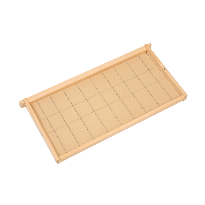 Handcrafted deep wooden bee frame with wired natural beeswax foundation, Amish made in USA, ideal for 5-, 8-, and 10-frame hives in beekeeping supplies and farm collections.