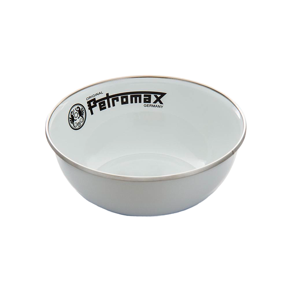 Lightweight white enamel bowl with Petromax logo and black rim, durable and heat-resistant, ideal for outdoor use in Farm, Garden & Tool, Kitchen & Food, Camping, and Dinnerware collections.