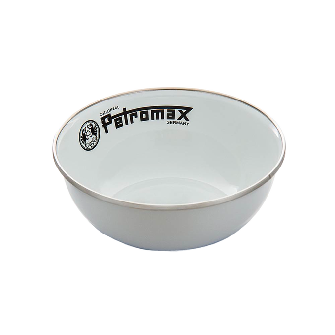 Lightweight white enamel bowl with Petromax logo and black rim, durable and heat-resistant, ideal for outdoor use in Farm, Garden & Tool, Kitchen & Food, Camping, and Dinnerware collections.