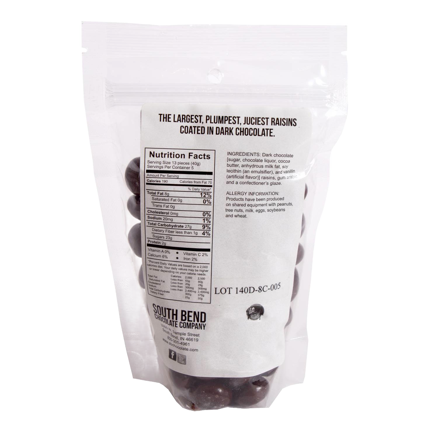 Back of resealable bag displaying nutrition facts and ingredients for handcrafted dark chocolate covered raisins made in USA, featured in Kitchen & Food, Snacks and Sweets, Candy, USA Made, Best Sellers, and Promo Eligible collections.