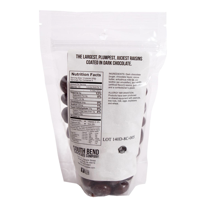 Back of resealable bag displaying nutrition facts and ingredients for handcrafted dark chocolate covered raisins made in USA, featured in Kitchen & Food, Snacks and Sweets, Candy, USA Made, Best Sellers, and Promo Eligible collections.