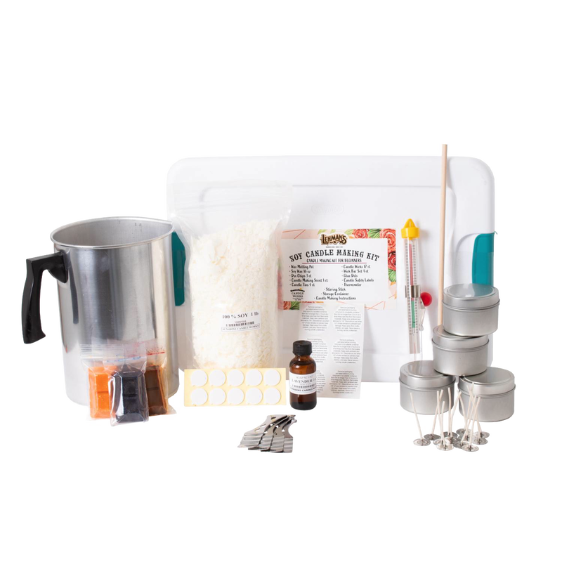 Complete candle making kit featuring soy wax, metal tins, scented oil, dye chips, wicks, and melting pot, designed for beginners and ideal for lamps and candlemaking supplies.