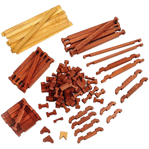 Handcrafted Amish made wooden log pieces in natural and stained hardwood, featuring interlocking shapes perfect for creative indoor play and building imaginative structures for children.