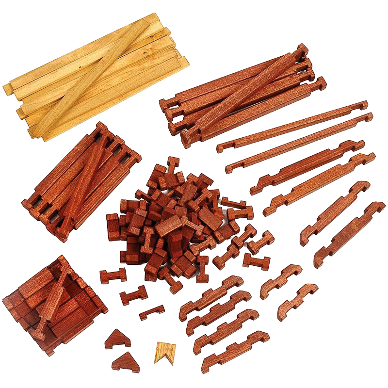 Handcrafted Amish made wooden log pieces in natural and stained hardwood, featuring interlocking shapes perfect for creative indoor play and building imaginative structures for children.