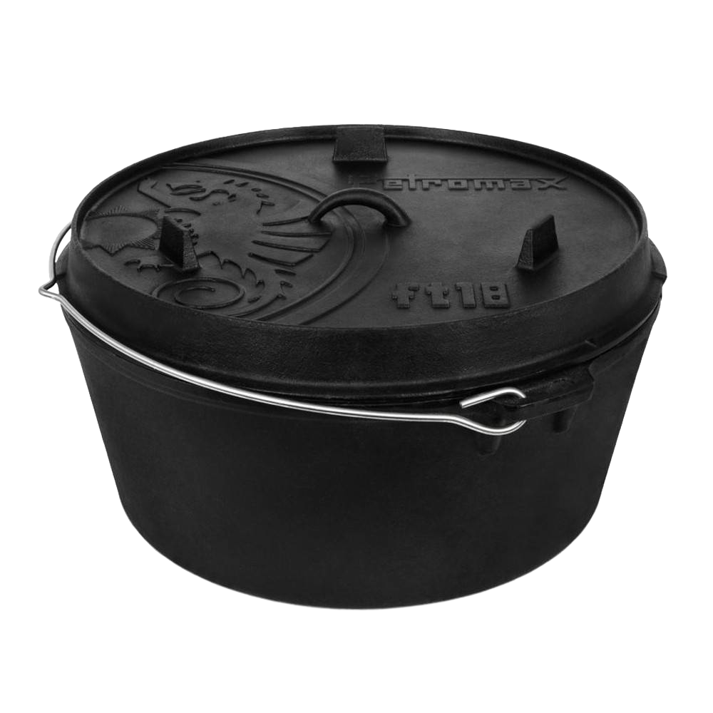 Robust cast iron Dutch oven with flat base, fitted with a detailed lid featuring a central handle and sturdy raised feet, perfect for outdoor cooking and kitchen use, featured in Kitchen & Food, Cookware, Cast Iron, Best Sellers, and Promo Eligible collections.
