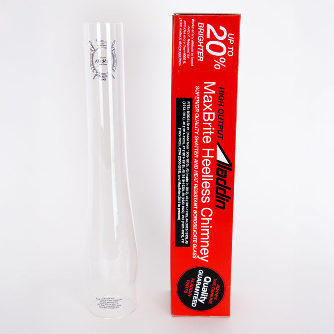 Clear borosilicate glass chimney tube alongside its red branded box, part of lamps, lighting, and chimney accessories collections for enhanced lamp brightness and durability.