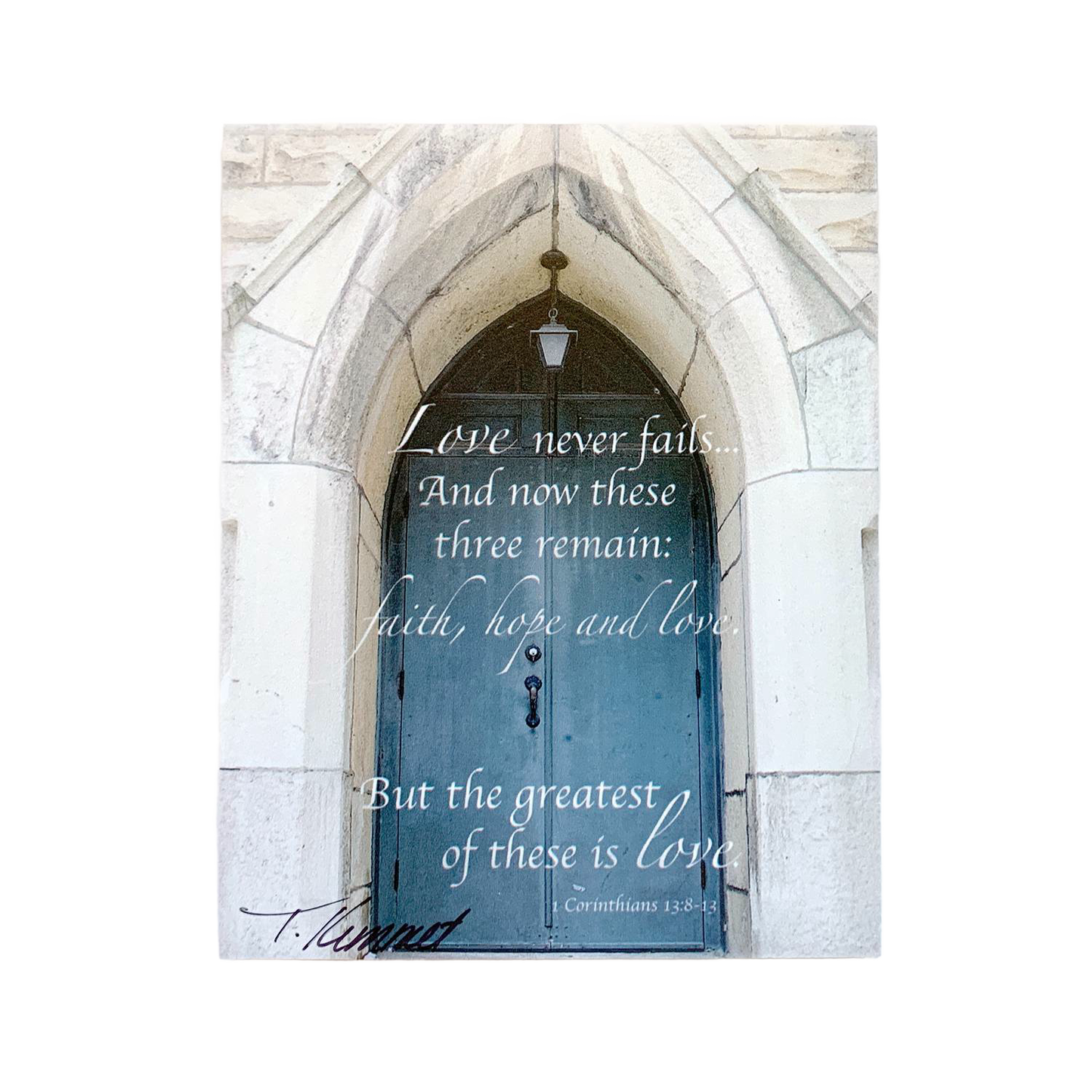 Deluxe handcrafted magnet featuring a rustic stone archway and dark wooden door with the uplifting Bible verse on love, perfect for Home & Decor, Best Sellers, and Promo Eligible collections.