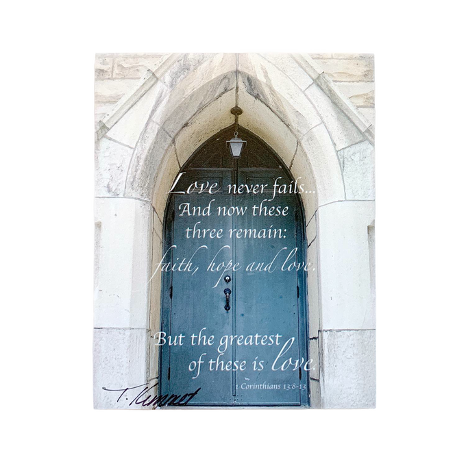 Deluxe handcrafted magnet featuring a rustic stone archway and dark wooden door with the uplifting Bible verse on love, perfect for Home & Decor, Best Sellers, and Promo Eligible collections.