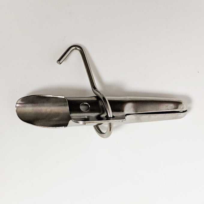Heavy-duty stainless steel bucket spout with integrated hook for hanging sap collection buckets, crafted for durability and seasonal use in Farm, Garden & Tool, Orchard and Grove, Maple Syrup Sugaring Supplies, Best Sellers, and Promo Eligible collections.