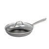 Lightweight nitrogen-hardened cast iron skillet with a smooth stainless steel handle and tempered glass lid, handcrafted for Kitchen & Food and Cookware collections.