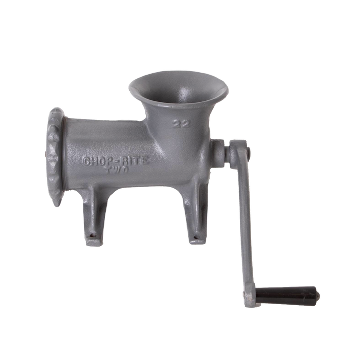 Cast iron meat grinder with a hand crank, featuring tough Xylon coating and designed for regular use in butchering, perfect for Kitchen & Food, Specialty Equipment, and USA Made collections.