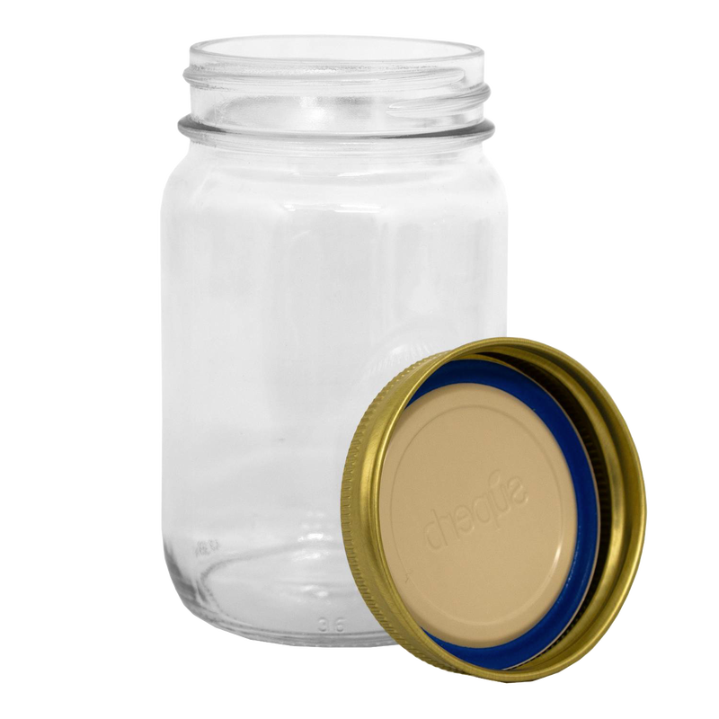Clear regular-mouth glass canning jar paired with a durable metal lid featuring a blue sealing ring, crafted for reliable food preservation in Kitchen & Food and Canning collections.