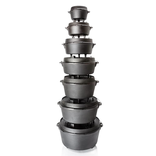 Stacked set of cast iron Dutch ovens with legs in various sizes, suitable for indoor and outdoor cooking, featured in Kitchen & Food, Cookware, Cast Iron, and Best Sellers collections.