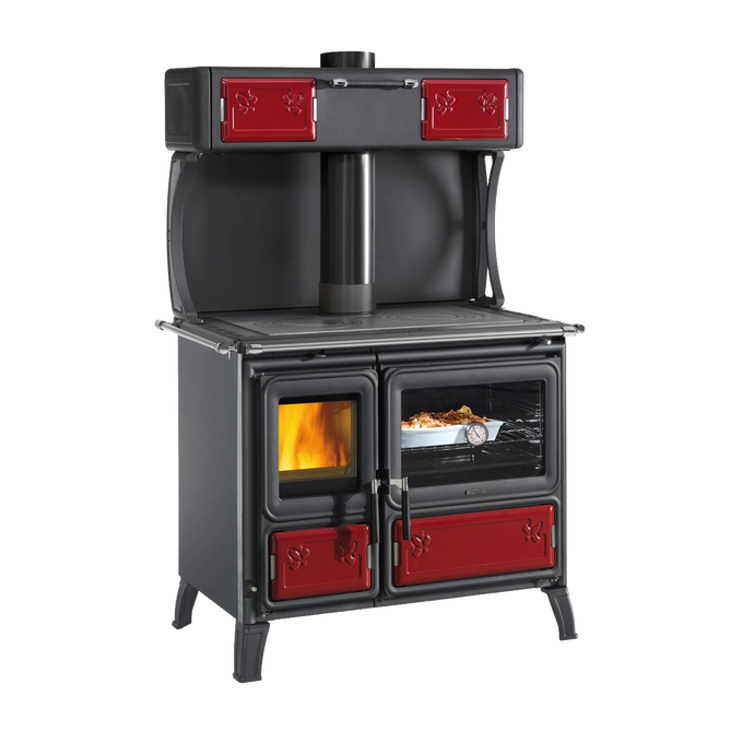 Unique handcrafted La Nordica Milly wood-burning cook stove with cast iron fire door, optional top food warmer, external air intake, and legs for easy cleaning, ideal for Stoves, Cookstoves, Best Sellers, and All Stoves & Appliances collections.