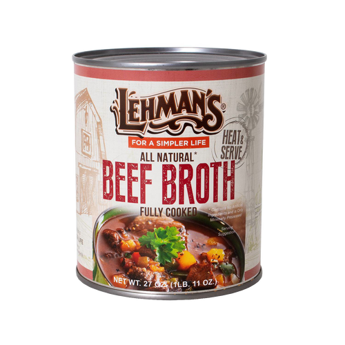 Can of Lehman's all-natural handcrafted beef broth, fully cooked and ready to heat, featuring a hearty vegetable stew image, ideal for Farm, Garden & Tool, Kitchen & Food, Emergency Supplies, Food, Meats, Best Sellers, and Promo Eligible collections.