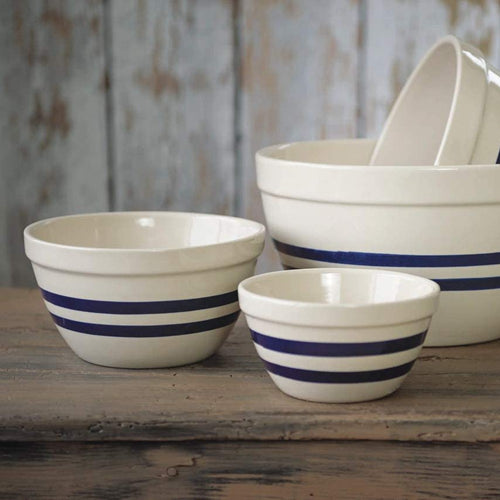 Set of handcrafted USA-made stoneware shoulder bowls with distinctive navy blue stripes, durable and perfect for mixing, baking, serving, and part of Kitchen & Food, Cookware, Baking Supplies, and USA Made collections.