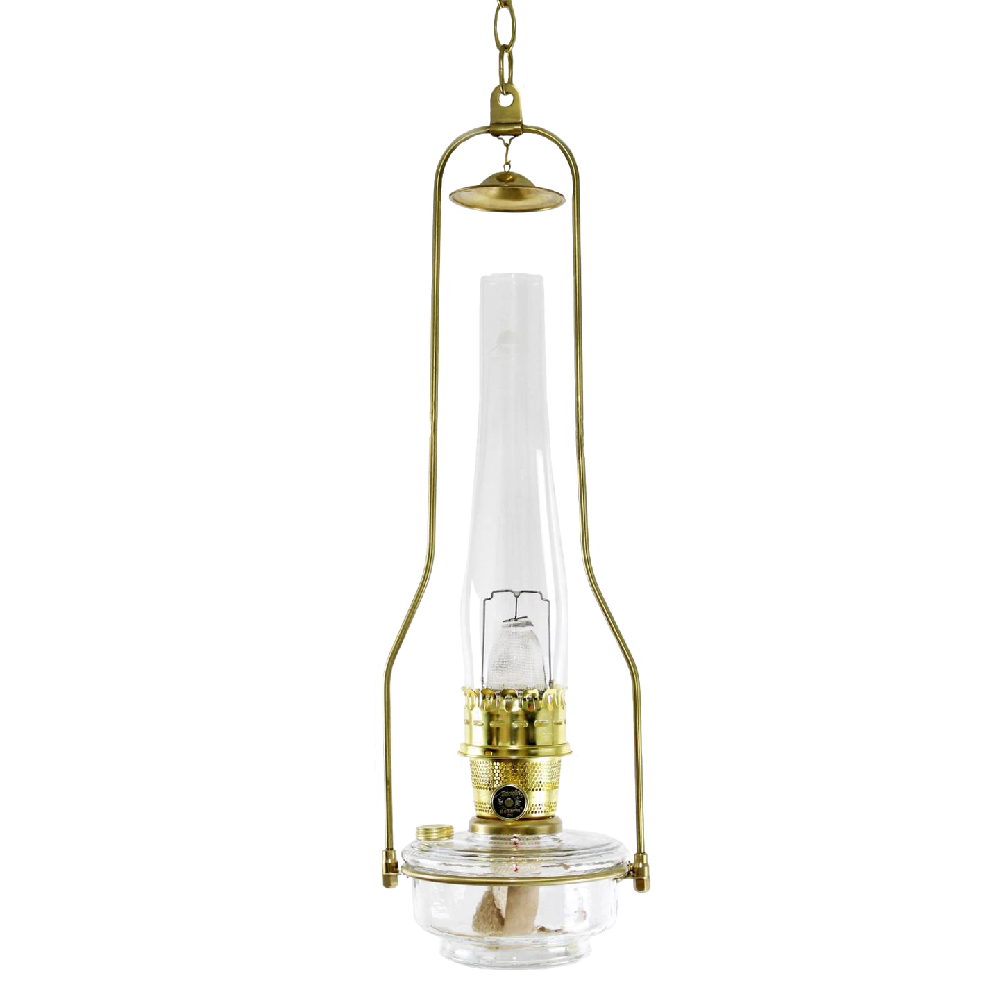 Clear glass hanging lamp with gleaming brass tilt-frame hanger and cylindrical chimney, designed for easy refilling, featured in Farm, Garden & Tool, Lamps & Lighting, and Hanging Lamps collections.