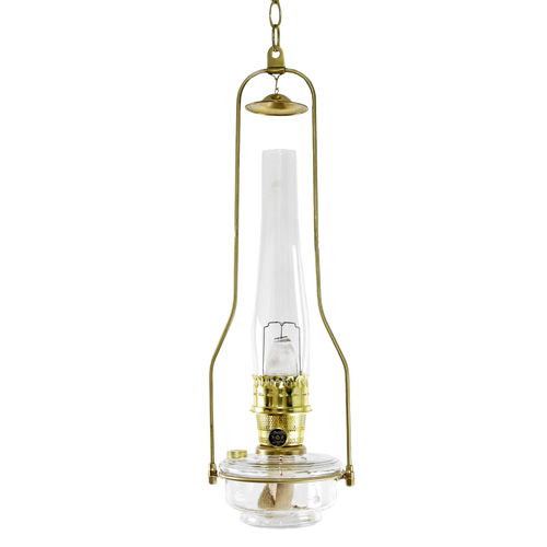Clear glass hanging lamp with gleaming brass tilt-frame hanger and cylindrical chimney, designed for easy refilling, featured in Farm, Garden & Tool, Lamps & Lighting, and Hanging Lamps collections.