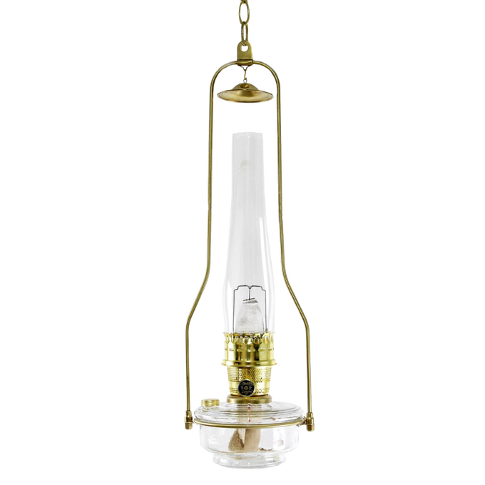 Clear glass hanging lamp with gleaming brass tilt-frame hanger and cylindrical chimney, designed for easy refilling, featured in Farm, Garden & Tool, Lamps & Lighting, and Hanging Lamps collections.