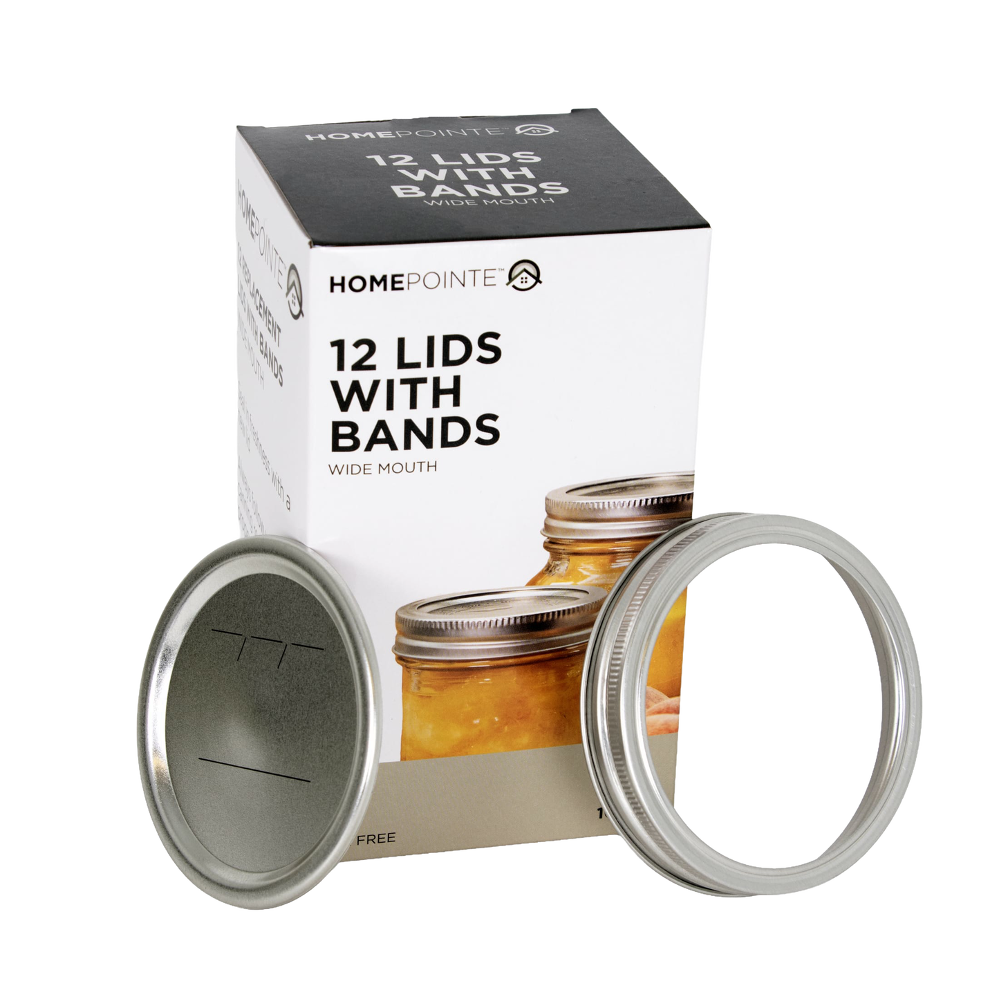 Box of 12 wide-mouth canning lids and metal screw bands featuring BPA-free sealing compound, ideal for Kitchen & Food, Food Preservation, Canning, and Best Sellers collections.