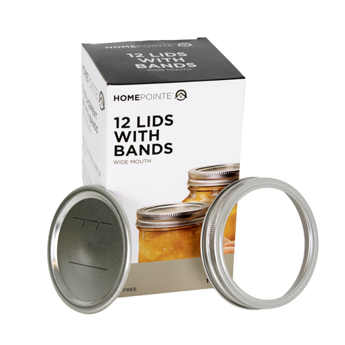 Box of 12 wide-mouth canning lids and metal screw bands featuring BPA-free sealing compound, ideal for Kitchen & Food, Food Preservation, Canning, and Best Sellers collections.