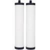 Pair of white cylindrical ceramic water filter elements with black end caps, designed to reduce chlorine, bacteria, cysts, sediment, and heavy metals, ideal for appliances and emergency supplies.