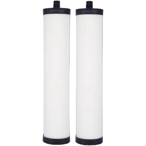 Pair of white cylindrical ceramic water filter elements with black end caps, designed to reduce chlorine, bacteria, cysts, sediment, and heavy metals, ideal for appliances and emergency supplies.
