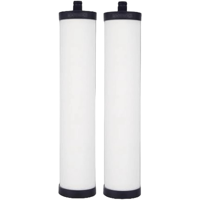 Pair of white cylindrical ceramic water filter elements with black end caps, designed to reduce chlorine, bacteria, cysts, sediment, and heavy metals, ideal for appliances and emergency supplies.